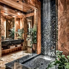 This luxurious bathroom feels like a tropical escape. It features a stunning walk-in shower with a rainfall showerhead, a pebble stone wall, and plenty of lush green plants.