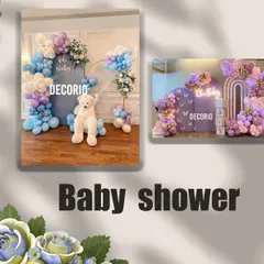 Here are two examples of my baby shower setups. On the left, a blue and white theme with a large teddy bear, and on the right, a purple butterfly theme, showing my versatility with different colors and styles.
