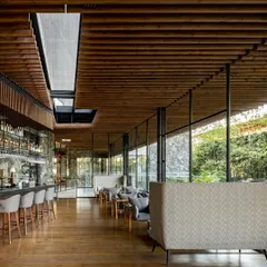 The bar and lounge at the Radisson Resort feature a slatted wood ceiling and expansive glass walls, creating a warm, sheltered space that remains visually connected to the lush green landscape.