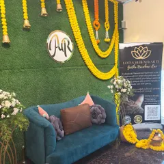 My setup for Aditi’s mehendi day, ready to welcome and adorn over 40 guests. A comfortable and festive space is key for a great mehendi party.