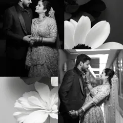 An artistic black and white collage mixing couple portraits with images of flowers. This creative composition adds a layer of natural beauty and symbolism to their love story.