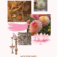The mood board for the Vietnam beachfront wedding. We proposed a vision of coastal pastels, handcrafted floral textures, and a fusion of Thai and Vietnamese craft techniques with Indian rituals.