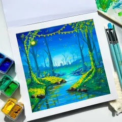 The finished magical forest painting, surrounded by my gouache paints and brushes. The glowing vines and serene stream make it feel like a wonderland.