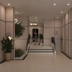 This is a 3D render of a grand lobby entrance we designed. The geometric floor pattern, statement chandelier, and backlit staircase create a dramatic and luxurious welcome for guests arriving at an event.