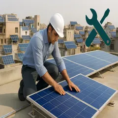 A technician carefully inspects and maintains a residential rooftop installation. Our service includes ensuring every panel is perfectly placed and connected for maximum efficiency and longevity.