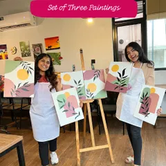 Not your typical art class. This image showcases the variety of art we create, from minimalist sets of three to joint canvas paintings. There's a vibe for everyone.