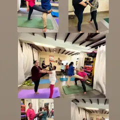 A collage showcasing the variety of students and interactions in my group sessions. From partner balances to individual poses, the focus is always on shared energy and mutual support.