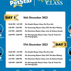 Our masterclasses are designed for everyone. This schedule from a PetFed festival shows a 'DIY Pet Bow Making' class, a fun and practical session perfect for pet parents who want to learn new skills for their furry friends at home.