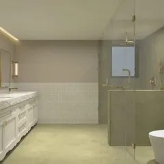 This spacious bathroom was designed to be a personal sanctuary. It features a double vanity with classic cabinetry, a large walk-in shower, and a mix of textures from the tiled wainscoting to the smooth plaster walls. It’s a space to both recharge for the day and unwind at night.