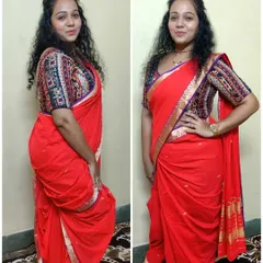 A side-by-side view of a traditional red Nauvari drape. This shows how the saree is styled to be both elegant from the front and practical with its dhoti-like bottom half.