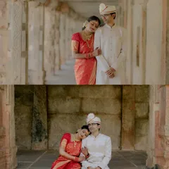 A collage showing two intimate moments within a temple's stone corridors. These shots capture the quiet connection between the couple amidst a historic backdrop.