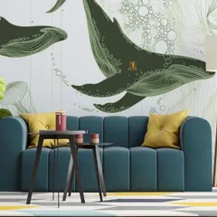 A variation of the whale design in a solid green color, giving it a more graphic and modern feel. It pairs beautifully with the contemporary blue sofa and yellow accents.