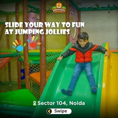 Sliding your way to fun is what we are all about. This action shot captures the excitement of our indoor playground slides.