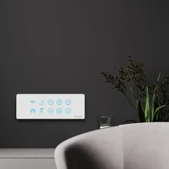 My white smart panel is shown here against a dark, minimalist wall, proving that one switch is all you need to control your vibe and complement your interior design.