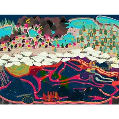 This piece by Prasad is an invitation to depart from your immediate reality. His imaginative creations are like maps of fantastical worlds, filled with vibrant color and playful details.