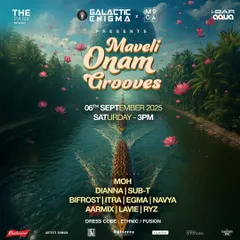 The official poster for "Maveli Onam Grooves" at The Park, Bangalore, featuring a full lineup for a day-long celebration.