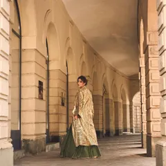 Using architecture to frame a fashion shot. This wide-angle view of the modern lehenga set was styled specifically for a photoshoot, creating a powerful image where fashion and environment tell a story together.