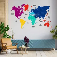 A different view of our 2D prismatic wooden world map, showcasing its bright and playful colors. This piece is perfect for adding a modern and global touch to any contemporary living space.