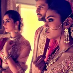 A candid-style shot from the same Shyamal & Bhumika campaign, capturing a quiet moment. This image shows our ability to direct models to create authentic interactions that tell a deeper story.