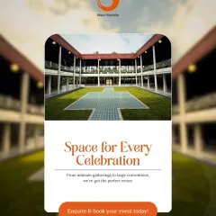 We have a space for every celebration. This graphic showcases one of our beautiful courtyard venues, inviting clients to inquire and book the perfect setting for their event, from intimate gatherings to large conventions.