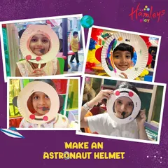 A collage of happy kids wearing the astronaut helmets they made from paper plates. It’s amazing what a little imagination and some simple craft supplies can do!