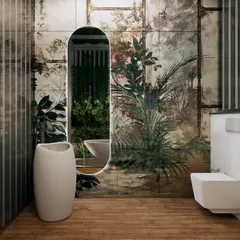 Another angle of the tropical bathroom, highlighting the seamless integration of the mural with the wooden flooring and modern fixtures.