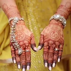This engagement mehndi features the couple's initials and ring symbols. It's a beautiful way to celebrate your new beginning, with a design that is both personal and elegant.