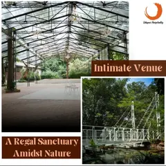 Discover Mukta, our unique forest-themed venue. This intimate setting features a beautiful glass pavilion, serene lily ponds, and a charming bridge, creating a magical sanctuary for weddings and private celebrations amidst nature.
