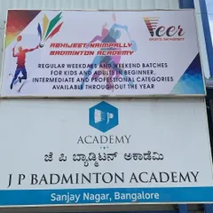 A clear view of our academy signage in Sanjay Nagar. We are easily accessible for your weekday or weekend badminton sessions.
