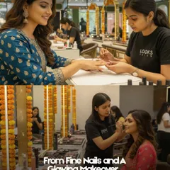 Let me glam you up for the festive season. This image shows a client getting her nails and makeup done, getting her ready to shine for celebrations like Diwali.