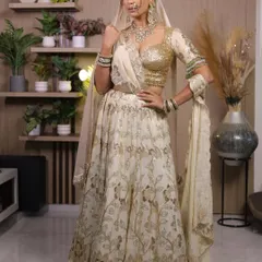 For a sophisticated and modern bridal look, this ivory and gold lehenga is a stunning choice. The floral embroidery and sequined blouse create a look of pure elegance, perfect for a day wedding or reception.
