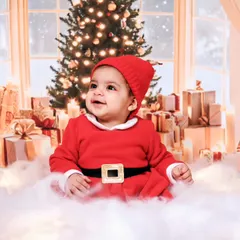 A happy baby Santa sitting in a pile of soft "snow" in our festive studio. The warm lighting creates a cozy holiday feel.