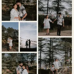 A collection of candid moments from a pre-wedding shoot in the hills, showing the couple walking, talking, and just being themselves.