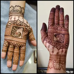 A before-and-after comparison of a peacock design, showing the fresh paste and the beautiful dark stain it leaves behind.