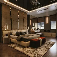 This is an example of a luxury master bedroom we designed, focusing on creating a lavish and restful retreat. The room features a custom upholstered headboard, dramatic accent lighting, and rich textures to create a truly opulent atmosphere with a dedicated seating and vanity area.