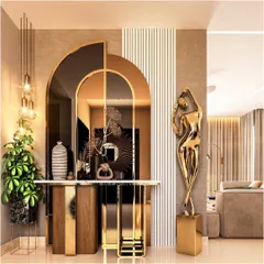 This entryway exudes modern artistry with its layered arched mirrors and a sleek console table. A golden abstract sculpture adds a touch of sophistication, setting a luxurious tone for the rest of the home.