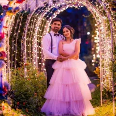 A dreamy, layered pink gown that’s perfect for a romantic pre-wedding or engagement shoot. This outfit is available to both rent and buy.