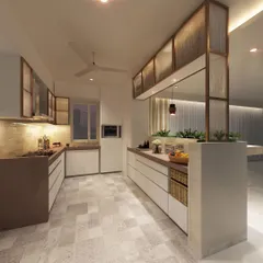 A 3D visual of an open kitchen concept we designed. It features a breakfast counter that separates the kitchen from the living area, with a planter box and hanging lights to define the space.