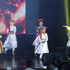 Our young performers showcasing their intensity and focus during the "Tanaji" act. We use authentic costumes and expressions to bring historical characters to life.