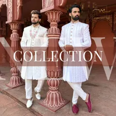 Two grooms, two styles. This image showcases two different custom white sherwani designs from our collection, highlighting the variety we offer.