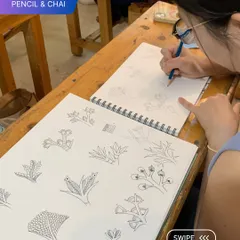 A practice sheet filled with various motifs and patterns from Indian folk art traditions. We teach the building blocks of each unique style.