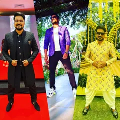A collage showcasing my versatile wardrobe for the wedding season. From a black Indo-western for Sangeets to a vibrant yellow kurta for Haldi, I'm always dressed for the part.