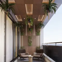 We used a combination of hanging planters, wall-mounted vertical gardens, and floor planters to create a multi-layered green space. The brown slatted wall panels and ceiling provide a warm, earthy contrast to the vibrant foliage.