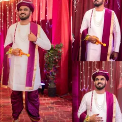 A collage of the groom in his traditional dhoti and kurta, showcasing his style and happy expressions on his wedding day.