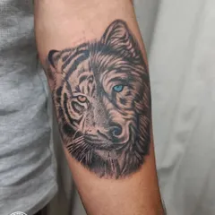A unique tattoo that merges the faces of a tiger and a wolf. The design represents the duality of the client's spirit, with different colored eyes to emphasize the distinct energies of strength and instinct.