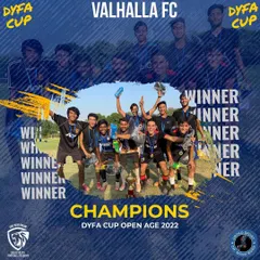 The undefeated champions of the DYFA Cup Open Age 2022, Valhalla FC. This graphic celebrates their hard-fought victory after four hours of intense football.