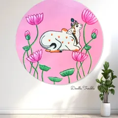 Another view of the finished Pichwai wall art. This piece is designed to blend traditional Indian motifs with a modern aesthetic, making it a unique statement for your home decor.