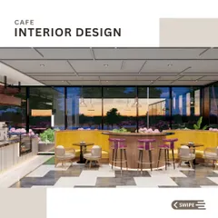 Seen from another angle, this view highlights the curved, mustard-yellow booth seating and central bar area. This layout creates a natural social hub, encouraging interaction while providing comfortable seating with a view of the entire cafe.