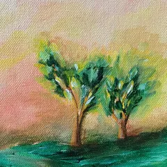 A small acrylic painting on canvas titled 'July'. It depicts two trees against a hazy, warm sunset. The impressionistic style and vibrant colors capture the feeling of a warm summer evening.