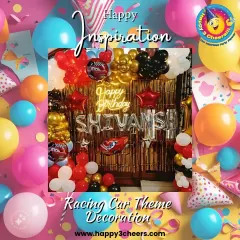 This racing car theme for Shivansh's birthday was all about speed. The backdrop featured a gold foil curtain, a "Happy Birthday" neon sign, and car-themed foil balloons, creating a flashy and exciting photo spot.